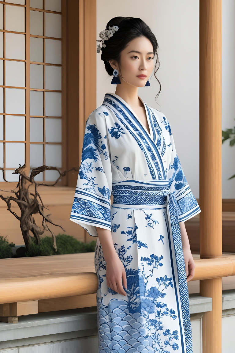 Elegant Oshare Kei Dress with Blue and White Prints